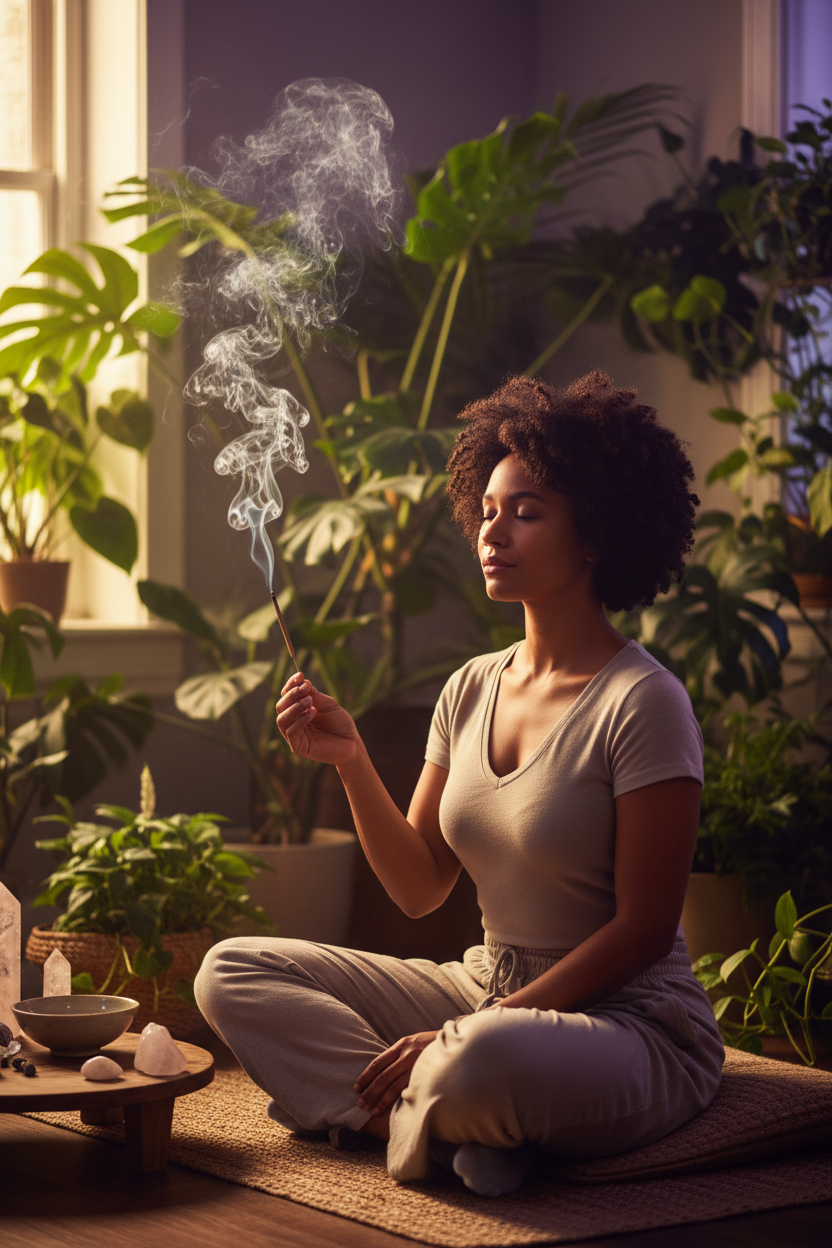 Woman meditating with white sage